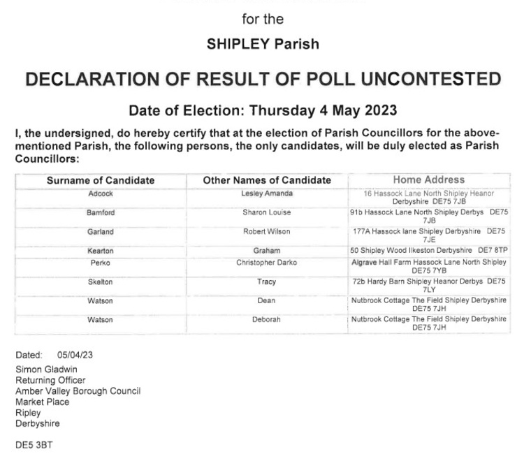 Shipley Parish Council uncontested election 2023